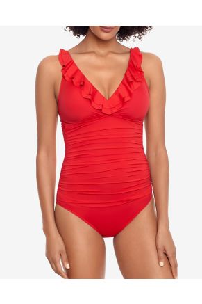 Ruffle Surplice One Piece, Beach Club Solids Red