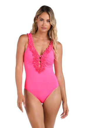 Ruffle Plunge Mio One Piece, Island Goddess Bright Pink