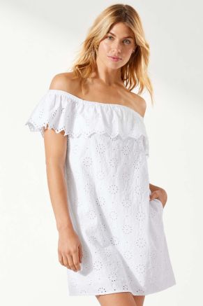 Off The Shoulder Ruffle Dress, Harbour Eyelet White