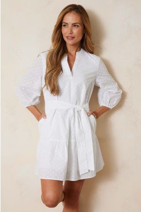 Split Neck Cover Dress, Embroidered Swiss Dot White