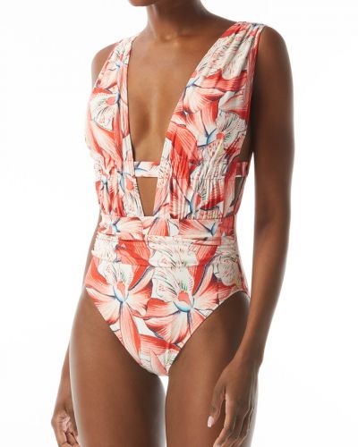 CARMEN MARC VALVO Plunge Ruched One Piece, Tiger Lilly